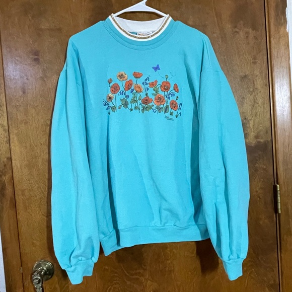 Vintage 90s Morning Sun Teal Double Collar Grandma Sweatshirt Crewneck Poppy Med - Picture 1 of 8